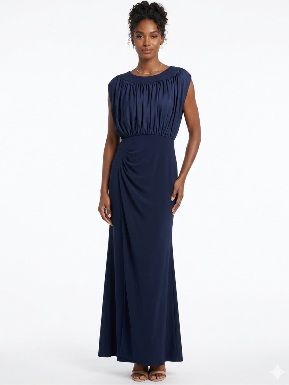 Betsy & Adam Navy Blue Sleeveless Blouson Ruched Evening Gown Floor Length Dress